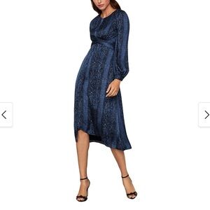 BCBG MAXAZRIA Pacific Blue Python Embossed Satin Blouson Faux Wrap Midi Dress